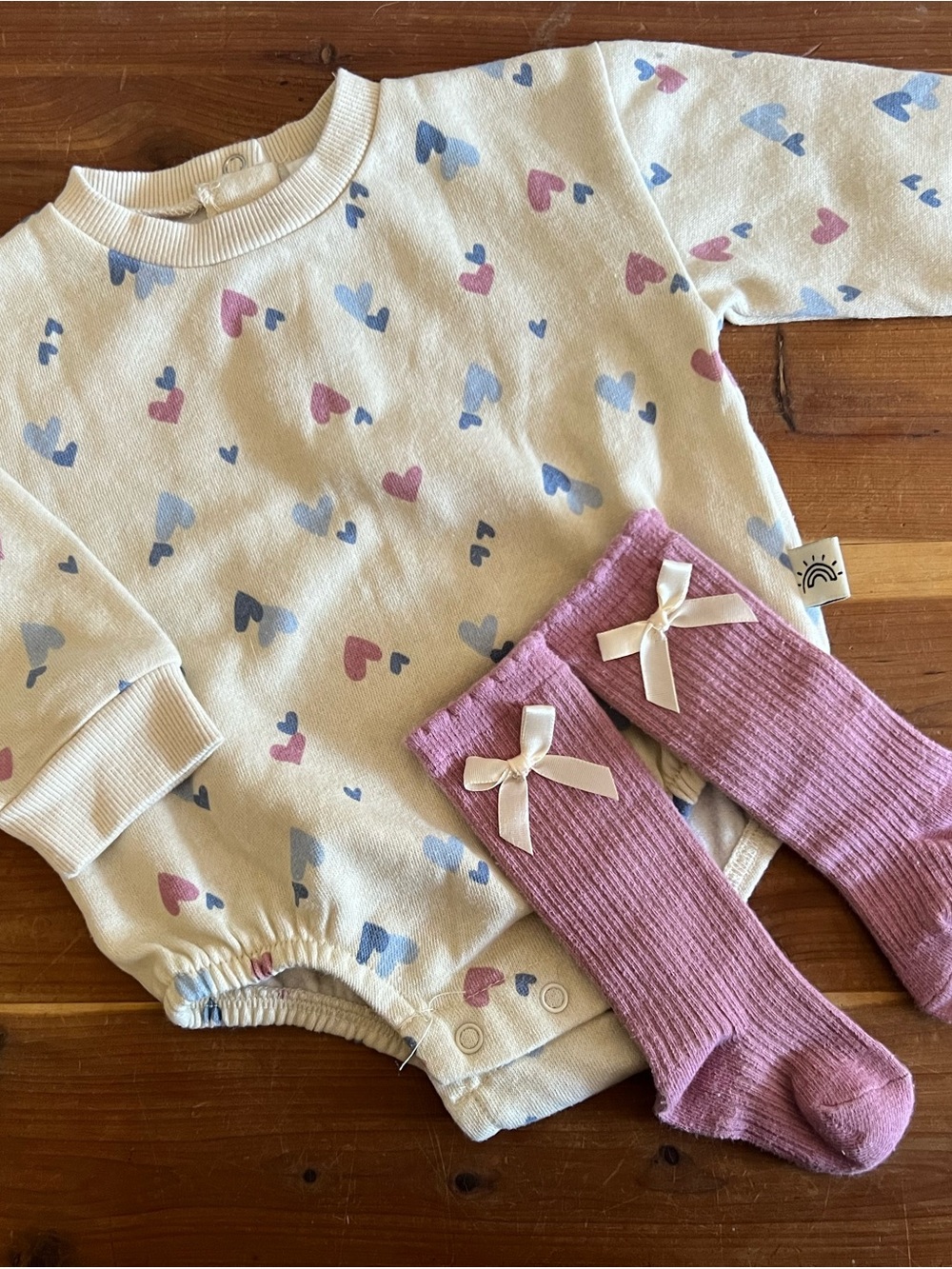 Cream Heart-Print Romper with Pink Knee-High Socks - Coordinated Baby Set